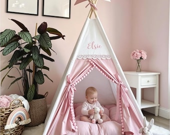Customized Girls Pink and White  Teepee | Boutique Nursery Play Tent 1st Birthday Gift