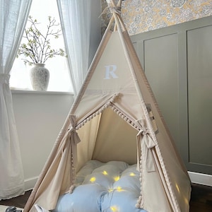 Kids teepee tent, nursery teepee, play tent for boys, cotton play tent, natural color with pale blue accessories, boho, toddler room tent