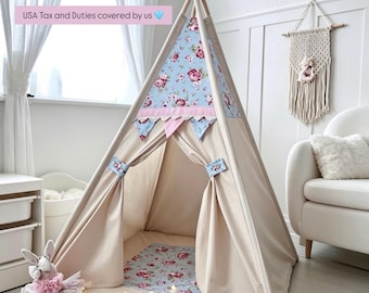 Luxe bloemen tipi-tent voor kinderen met stabilisator - Handgemaakt speelhuisje in Cath Kidston-stijl en boho kinderkamerdecoratie