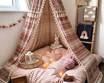 Striped Linen Kids Floor Cushion  Tufted Reading Nook Pillow