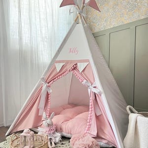 Personalised White and Dusty Pink Kids Teepee Tent for Boho Nursery