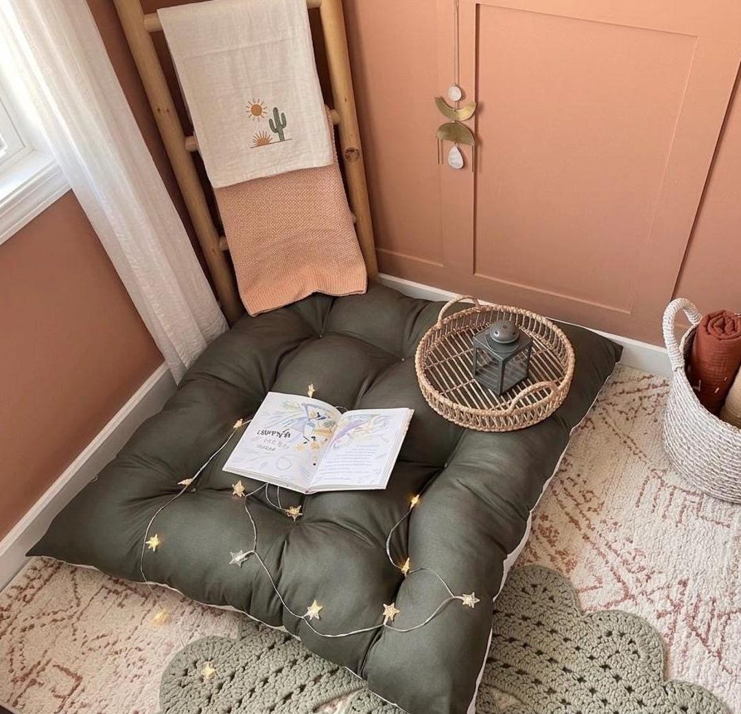 vintage floor cushion　グリーンベージュ Olive Green Tufted Floor Cushion, French Pillow, Kids Reading Nook