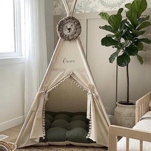 Baby Teepee Kids Play Tent 1st Birthday Personalised Natural Cotton Children Girls Boys Teepee Tent with Olive Green Accents