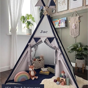 Personalised Navy and Grey Kids Teepee Tent with Fabric Door Flags