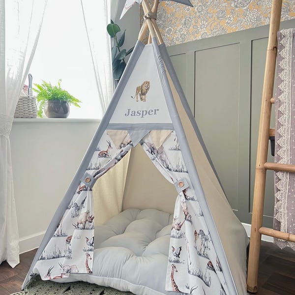 Personalised Neutral Safari Kids Teepee Tent with Light Grey Accents