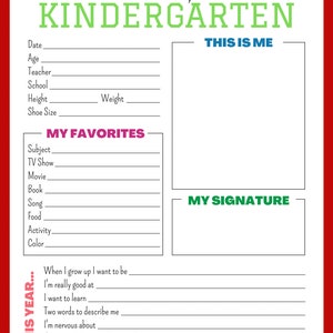 Op de afbeelding: Een printbaar werkblad voor de eerste dag van de kleuterschool. Het werkblad heeft secties voor de naam van het kind, leeftijd, leraar, school, lengte, gewicht, schoenmaat, favoriete vakken en een ruimte voor een handtekening. Het werkblad heeft ook een sectie voor het kind om te schrijven wat ze willen worden als ze groot zijn, waar ze goed in zijn, wat ze willen leren, twee woorden om zichzelf te beschrijven, waar ze zenuwachtig over zijn en waar ze naar uitkijken in de kleuterschool.