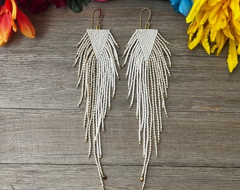 READY TO SHIP - Statement Earrings - Cream and Gold  - beaded fringe earrings