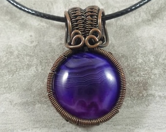 Gorgeous purple agate cabochon wire wrapped with oxidized copper pendant necklace