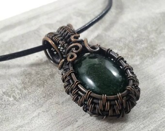 Gorgeous dark green aventurine cabochon wire wrapped with oxidized copper pendant necklace