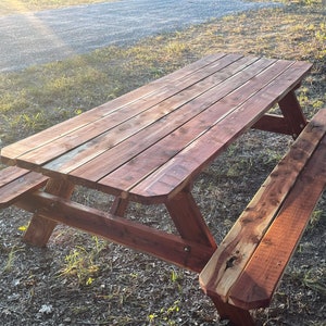 Cedar Picnic Table. 8 feet long, made from Red Cedar. Ready for your garden, patio, farmhouse or... Hand Made in the USA. Sanded & finished.