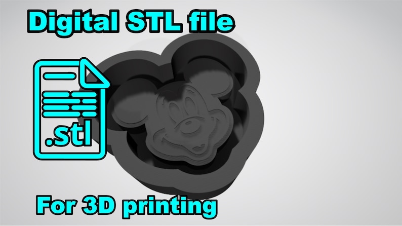 May include: A digital STL file for 3D printing of a Mickey Mouse head. The file is represented by a blue icon of a document with the extension .stl.
