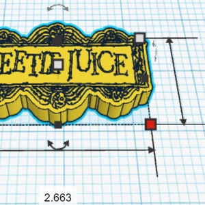 May include: A yellow 3D printed sign with a black border and the words "BEETLE JUICE" in black lettering. The sign is 6.76 cm wide and 3.87 cm tall.