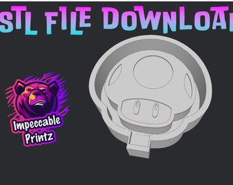 May include: A 3D printable model of a mushroom, a popular video game item. The model is gray and has a detailed design. The text "STL FILE DOWNLOAD" is at the top of the image.