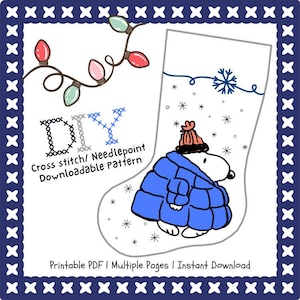 May include: A white Christmas stocking design with a cartoon character wearing a blue coat and a red and orange hat. The image includes the text "DIY Cross stitch/ Needlepoint Downloadable Pattern". Decorative lights and snowflakes are also featured.