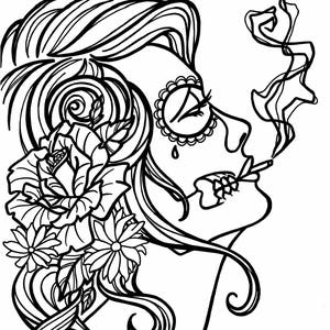 Smoking Sugar Skull Coloring Page image 1