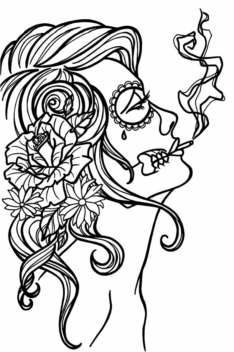 Smoking Sugar Skull Coloring Page image 1