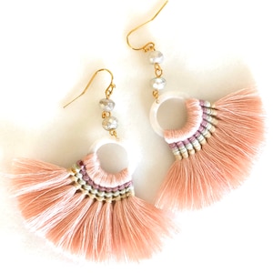 Seashell Pink Fan Tassel Earrings, Pale Pink Woven Tassels, Pearlescent Czech Glass, Gold French Hooks, Lightweight.