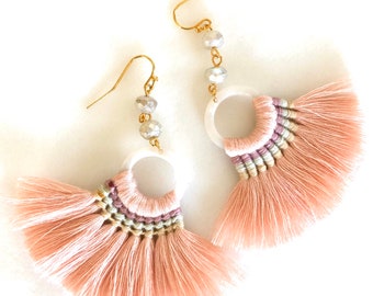 Seashell Pink Fan Tassel Earrings, Pale Pink Woven Tassels, Pearlescent Czech Glass, Gold French Hooks, Lightweight.
