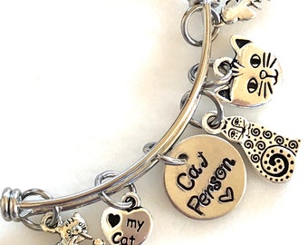 Cat Bangle, Pewter Cat Charm Bracelet, Cat Person Jewelry, Cat Mom Bangle, Cat Lover Gift, Cat Rescue, Adjustable Bangle, Custom Stamped