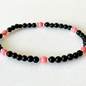 Men’s Black Onyx and Coral Bracelet, Karen Hill Tribe Fine Silver, AAA Black Onyx, Salmon Pink Coral, Minimalist, Stretch, Unisex