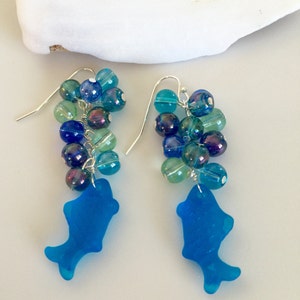 Sea Glass Fish Earrings, Aqua Sea Glass Earrings,Glass Bubble Beads, Blue Green Ocean Colors Dangle Earrings In Silver