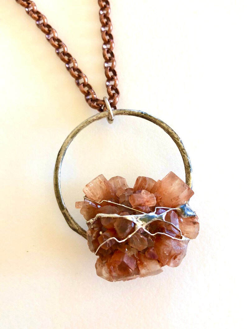 Raw Healing Crystal Artisan Pewter Aragonite Star Cluster Copper Statement Pendant Chakra Crystal Boho Aragonite Pendant