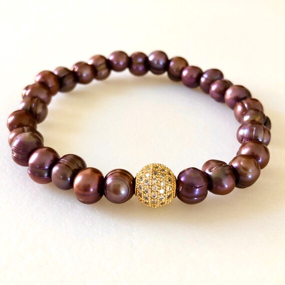 Chocolate Pearl Bracelet Freshwater Cultured Pearls Baroque Ringed Pearls Micro Pave Cubic Zirconia Focal Stretch Bracelet Etsy