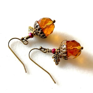 Acorn Earrings, Golden Brown Topaz Czech Glass,”Vintaj&quot; Bronze Acorn Caps, Antique Gold Oak Leaves, Bronze French Ear Hooks, Fall Earring