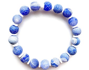 Bracciale in agata blu fiordaliso, pietra preziosa blu e bianca, guscio di cocco, conchiglia Puka, braccialetto curativo, braccialetto elastico
