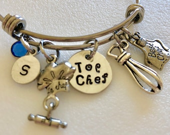 Chef Bangle, Chef Charm Bracelet, Top Chef Bangle, Cook's Bangle, Best Chef, Pewter Chef Charms, Custom Chef Bangle, Chef Gift, Adjustable