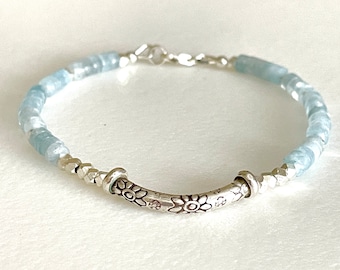 Aquamarine Bracelet, Natural Aquamarine Heishi, Karen Hill Tribe Fine Silver, March Birthstone, Dainty Beaded Bracelet, Sterling Silver.