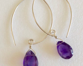 Purple Amethyst Earrings, Royal Purple Briolettes, February Birthstone, Bridal, Handmade Bali Ear Wires, Sterling Silver, Gold Fill