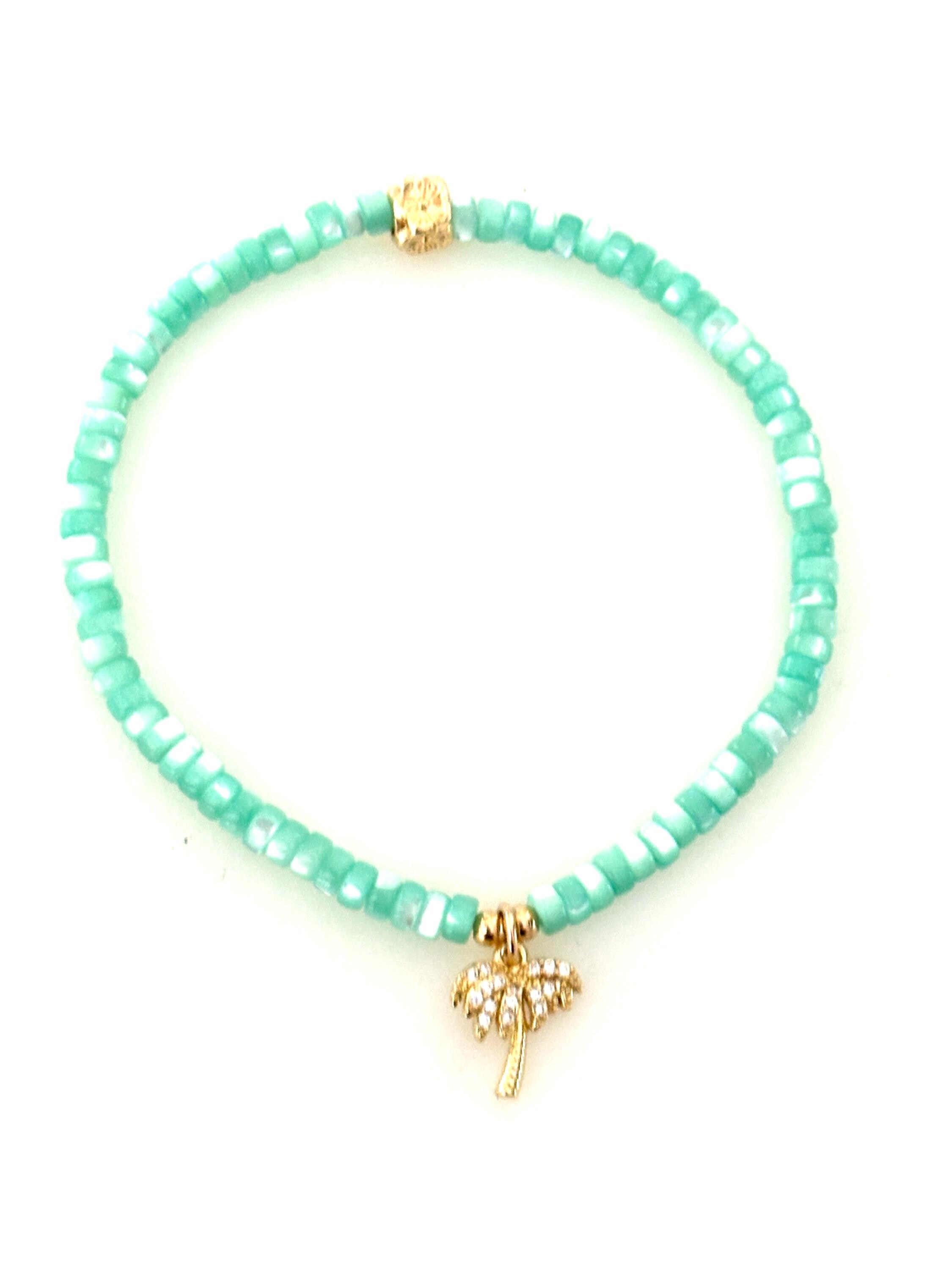 Sea Green Mother of Pearl Bracelet, Cubic Zirconia Palm Tree