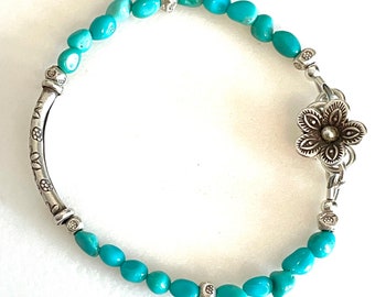 Sleeping Beauty Turquoise Bracelet: Karen Hill Tribe Silver Flower Toggle