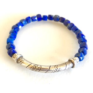 Lapis Lazuli and Karen Hill Tribe Fine Silver Bracelet, AAA Blue Lapis Lazuli, Gemstone Stretch Bracelet, Thai Fine Silver, Unisex