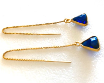 London Blue Threader Earrings, Blue Quartz Triangle Gemstones, December Birthstone, Bridal, Gold Vermeil, Gold Fill, Sterling Silver