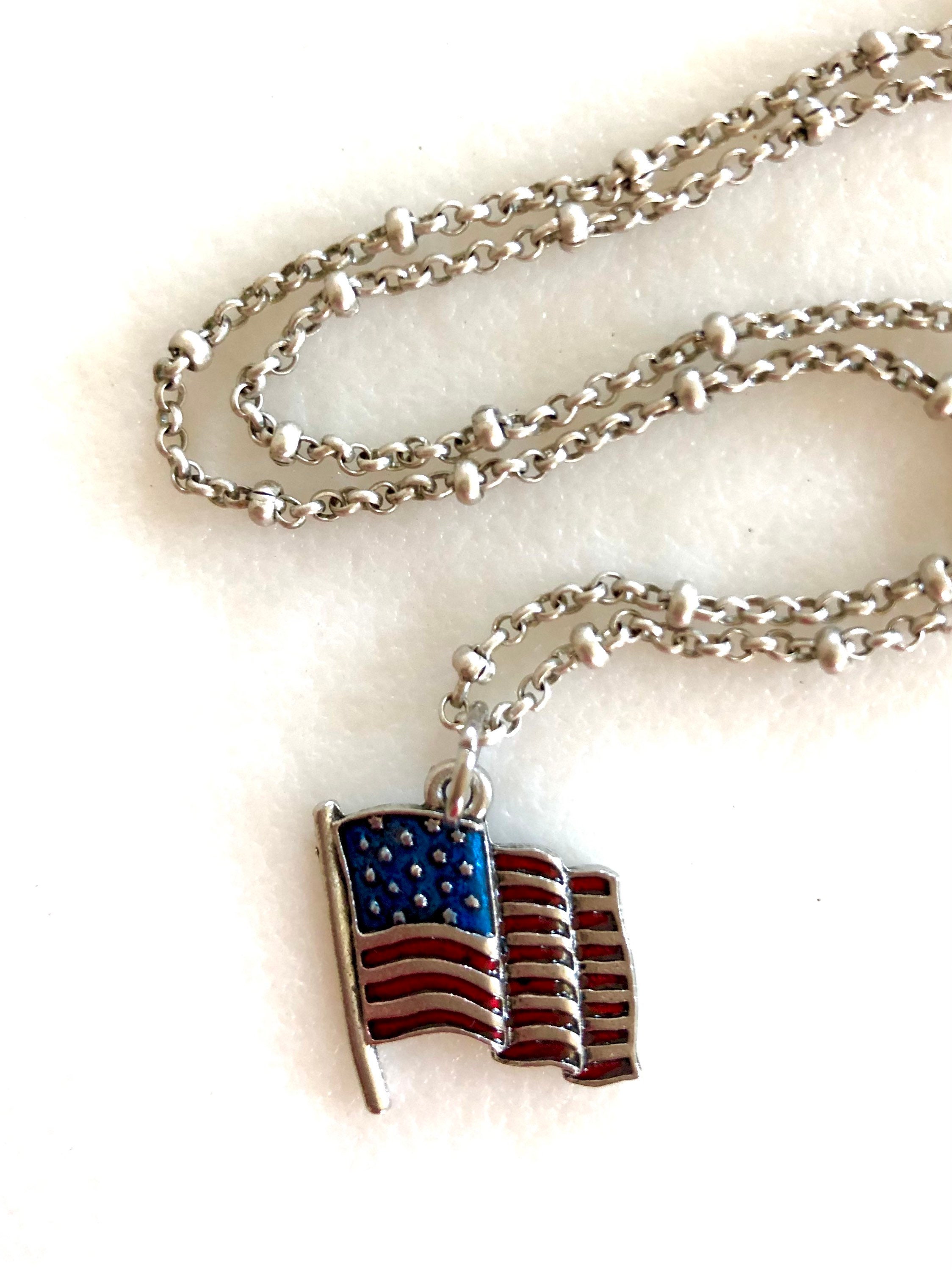 4th of July Patriotic Red White Blue American USA Flag Star Necklace Pendant 