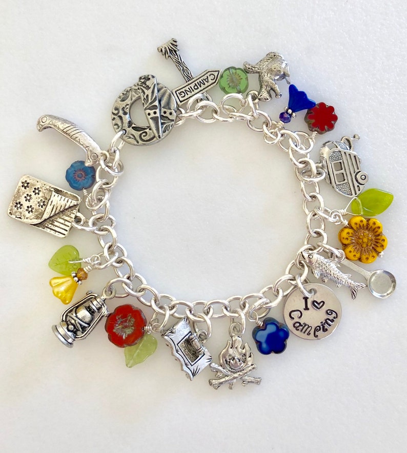 RV I Love Camping Pewter Camping Charm Bracelet Nature Wildflower Bracelet Summer Camp Canoe Outdoor Lover Tent Fishing