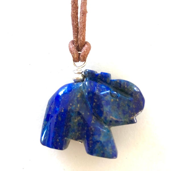 Lapis Lazuli Elephant Necklace, Carved Elephant Necklace, Carved Gemstone, Lucky Elephant, Healing Stone Leather Cord, Sterling Silver