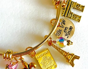 Paris Bangle Bracelet, Gold Paris Charm Bracelet, "La Vie En Rose", Paris Souvenir, Paris Trip,Honeymoon,Paris Lover,Pink Swarovski Elements