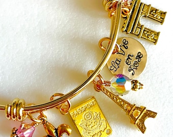 Paris Bangle Bracelet, Gold Paris Charm Bracelet, 