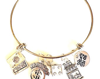 Casino Bangle, Gambling Bangle, Casino Charm Bracelet, Card Player, Slot Machines, Poker, Lady Luck Charm, Las Vegas, Gambler Gift,Adjustabl