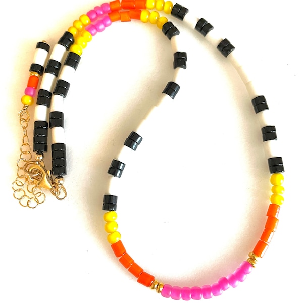 Hot Pink, Orange and Yellow Colorblock Choker, Black And White Necklace, Onyx Gemstone, White Heart Glass Beads, Gold Fill.