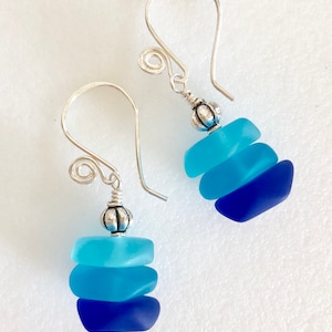 Blue Sea Glass Earrings, Aqua Blue And Cobalt, Cultured Sea Glass, Frosted Sea Glass, Beach Earrings, Bohemian, Sterling Silver