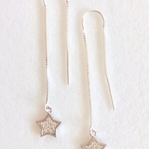 Cubic Zirconia Pave Star Threader Earrings, Delicate CZ Star Dangles, Sterling Silver Box Chain Threaders, Christmas, Bridal