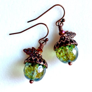 Acorn Earrings, Rustic Green Czech Glass, Antique Copper Acorn Caps, Copper Oak Leaves, French Hooks, Fall Earrings, Woodland Earrings