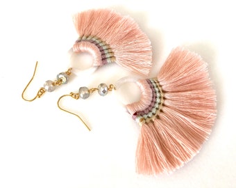 Seashell Pink Fan Tassel Earrings, Pale Pink Woven Tassels  display picture 1