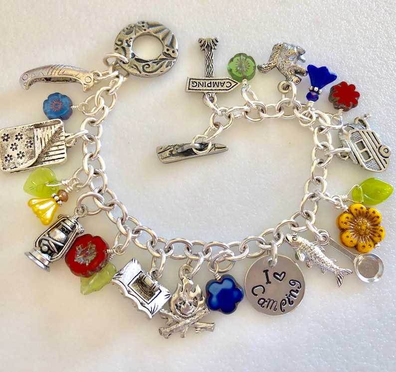 RV I Love Camping Pewter Camping Charm Bracelet Nature Wildflower Bracelet Summer Camp Canoe Outdoor Lover Tent Fishing