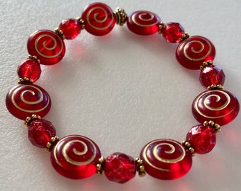 Red Czech Glass Bracelet, Red And Gold Stretch Bracelet, Ruby Red Czech Glass, Gold Picasso Finish, Holiday Red Bracelet, Christmas Red