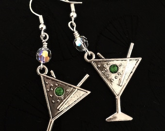 Martini Earrings, Swarovski Crystal Martini Dangles, Cocktail Earrings, Party Earrings, Martini Lover Earrings, Sterling Silver.